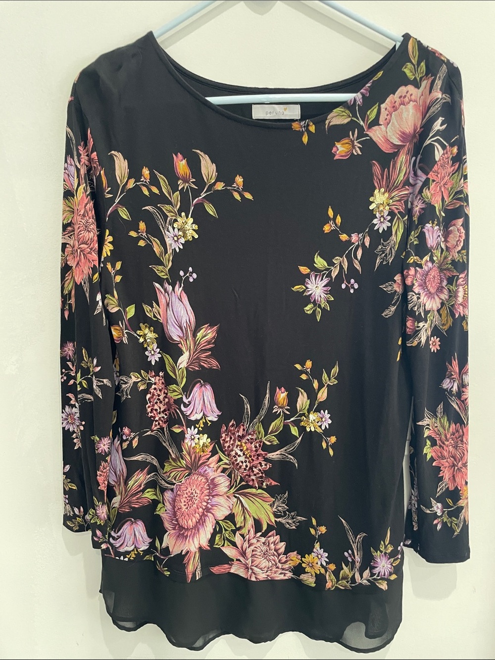 PER UNA Marks Spencer Black Pink Floral Sequin Mesh Hem Tunic Top US 8 M - Picture 5 of 14